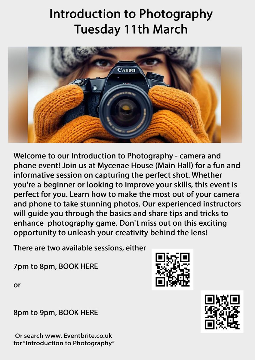 Mycenae House (@mycenaehouse) on Twitter photo Join <a href="/aperturewps/">Aperture Woolwich PS</a> for their Introduction to Photography camera & phone event here next week Tues 11th March, for a fun & informative session on capturing the perfect shot.
2 sessions running - 7pm (fully booked) or 8pm, book your free space now via eventbrite.co.uk/e/introduction… Join <a href="/aperturewps/">Aperture Woolwich PS</a> for their Introduction to Photography camera & phone event here next week Tues 11th March, for a fun & informative session on capturing the perfect shot.
2 sessions running - 7pm (fully booked) or 8pm, book your free space now via eventbrite.co.uk/e/introduction…