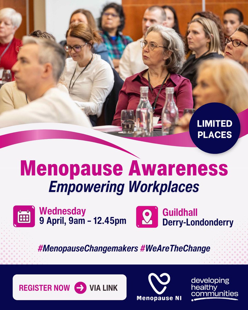 Join Like-Minded Businesses at the Menopause Awareness: Empowering Workplaces event🌟Be part of an important event dedicated to the legal, health &amp; HR impacts of menopause in the workplace.

📍 The Guildhall, Derry
⏰ 9am-12:45pm
🗓️ Wednesday 9 April

🔗 eventbrite.co.uk/e/menopause-aw…..