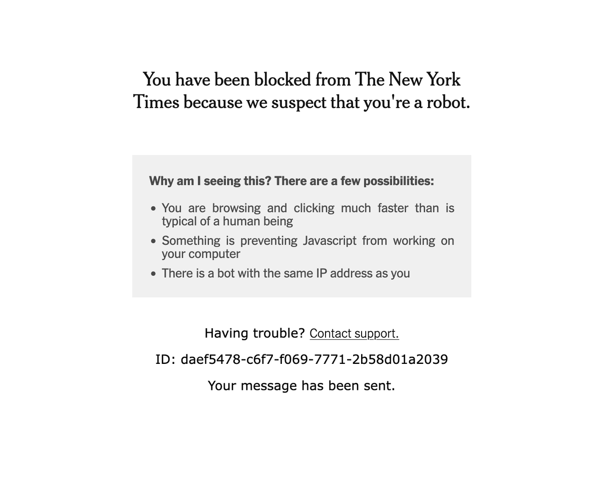 BlackCatFrazz's tweet photo. @nytimes I've been locked out of my subscription suddenly after years cause i'm a fast reader, apparently, and there's not captcha or any way to prove I'm a bot. What's up with that? I can pay for my subscription, but not actually USE it? https://t.co/4p1907lZKD