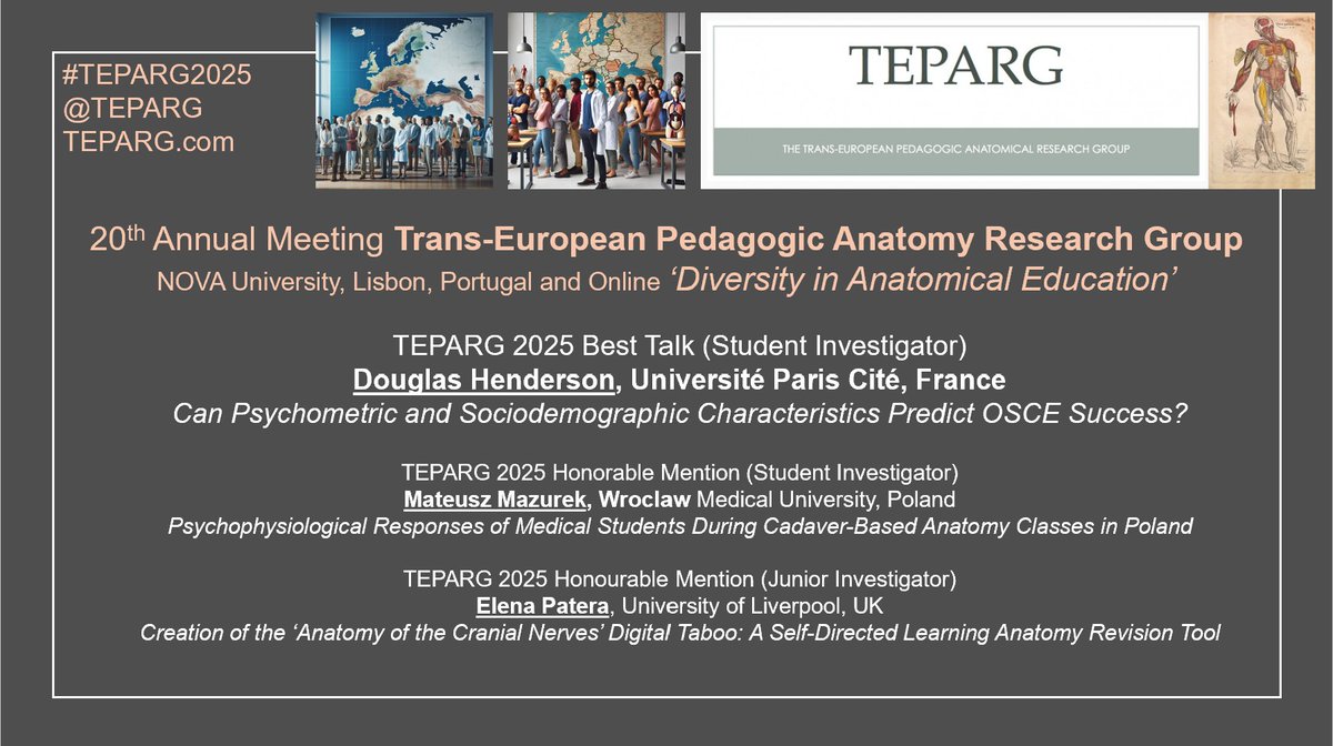 Trans-European Pedagogic Anatomy Research Group (@teparg) on Twitter photo 🎉🎉🎉Congratulations to our TEPARG 2025 Best Talk Prize Winner (Student Investigator) Douglas Henderson. Honourable Mentions to Mateusz Mazurek and Elena Patera <a href="/ArtedelCuerpoH1/">Elena Patera</a> 🧠🫀🫁 #TEPARG2025 'Diversity in Anatomical Education' March 01, 2025. teparg.com/z 🎉🎉🎉Congratulations to our TEPARG 2025 Best Talk Prize Winner (Student Investigator) Douglas Henderson. Honourable Mentions to Mateusz Mazurek and Elena Patera <a href="/ArtedelCuerpoH1/">Elena Patera</a> 🧠🫀🫁 #TEPARG2025 'Diversity in Anatomical Education' March 01, 2025. teparg.com/z