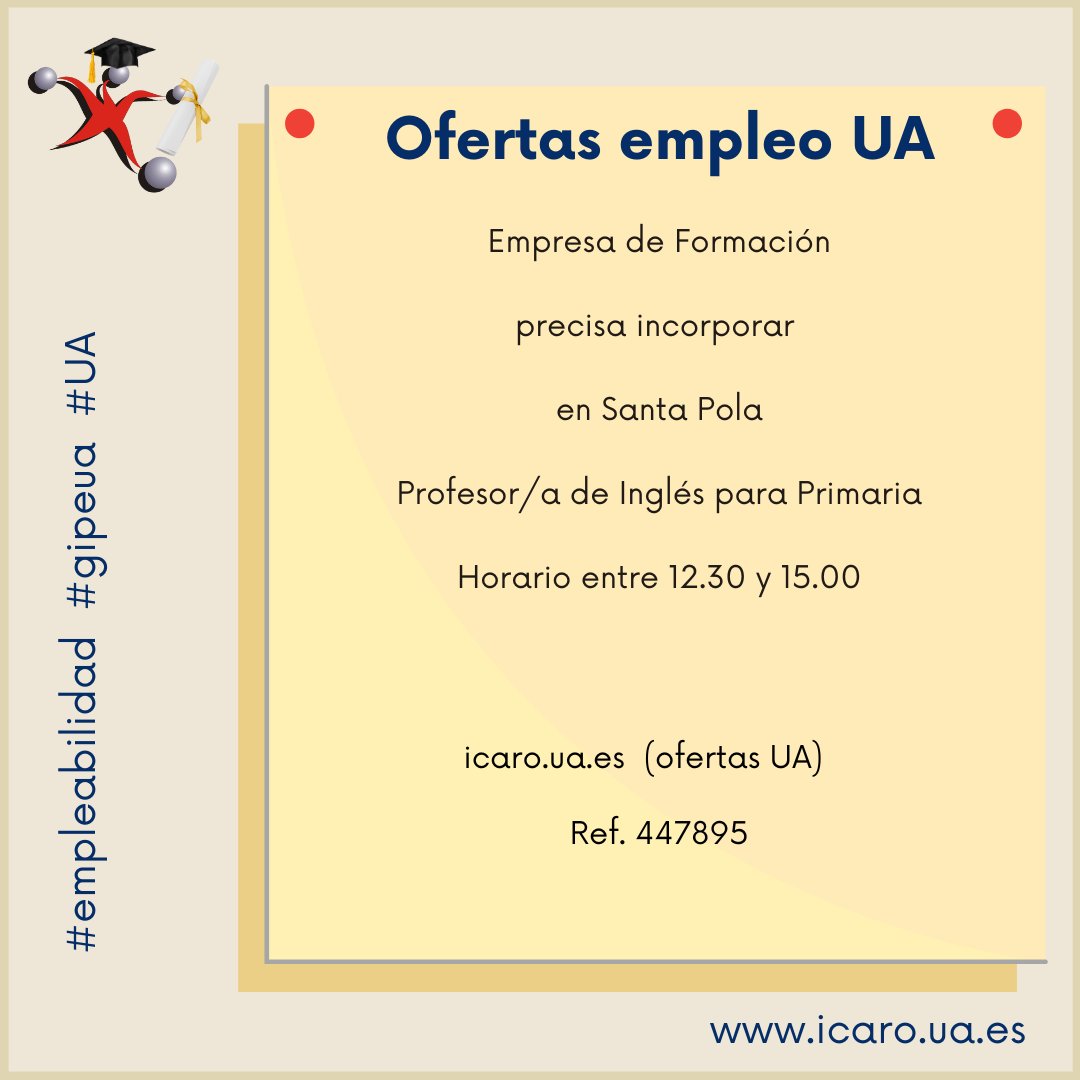 Tablón de ofertas de Empleo: 
Profesor/a de Inglés para Primaria (Santa Pola) 
gipe.ua.es/es/tablon-de-o… 
<a href="/Educ_UA/">Educ_UA</a> <a href="/LletresUA/">LletresUA</a> <a href="/AFLUA2/">AFLUA/SAO</a> <a href="/EnglishUA/">Estudios Ingleses UA</a> #empleabilidad   #gipeua #UA