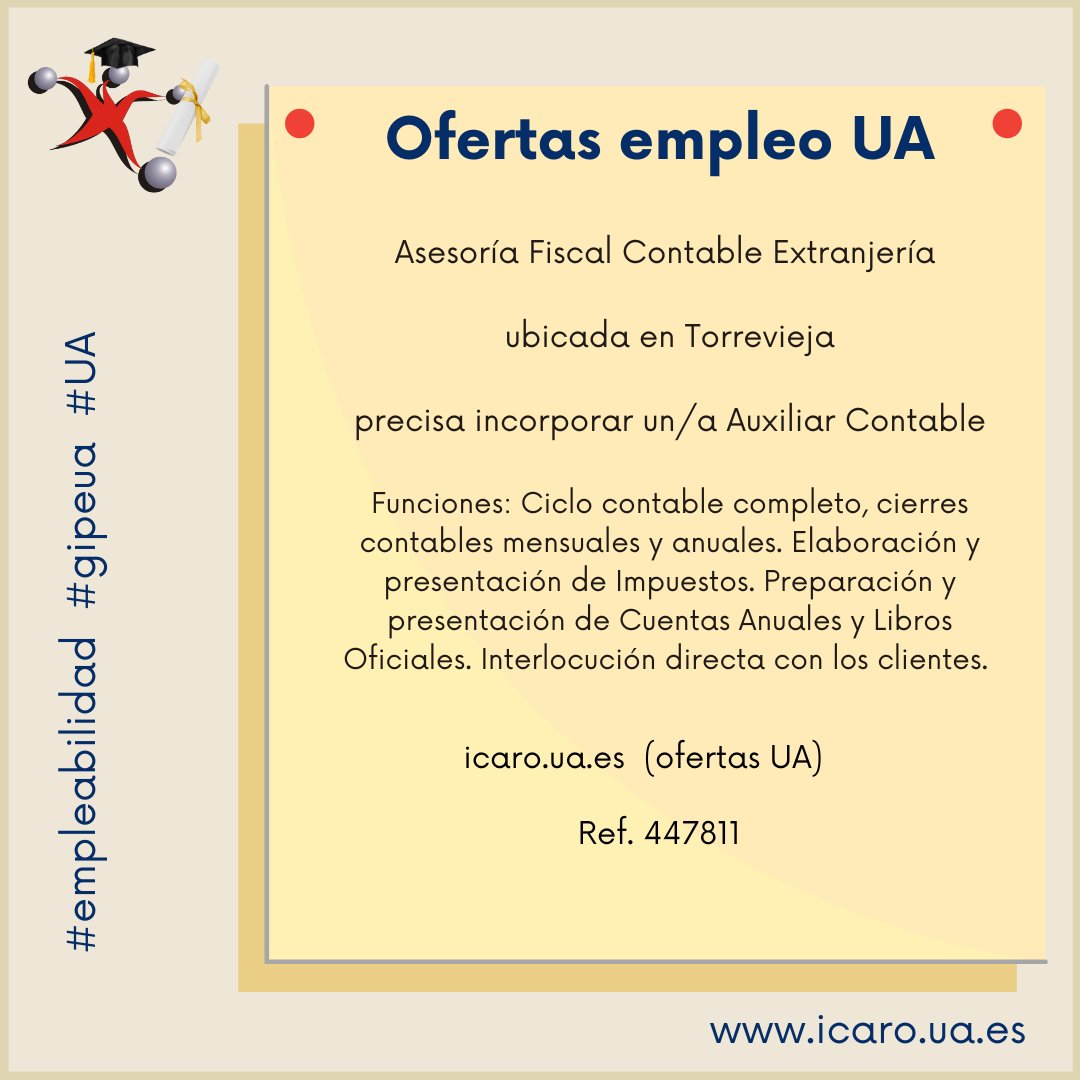 GIPE (@gipeua) on Twitter photo Tablón de ofertas de Empleo:
Auxiliar Contable (Torrevieja)
gipe.ua.es/es/tablon-de-o…
<a href="/EconomicasUA/">EconomicasUA</a> #empleabilidad #gipeua #UA Tablón de ofertas de Empleo:
Auxiliar Contable (Torrevieja)
gipe.ua.es/es/tablon-de-o…
<a href="/EconomicasUA/">EconomicasUA</a> #empleabilidad #gipeua #UA