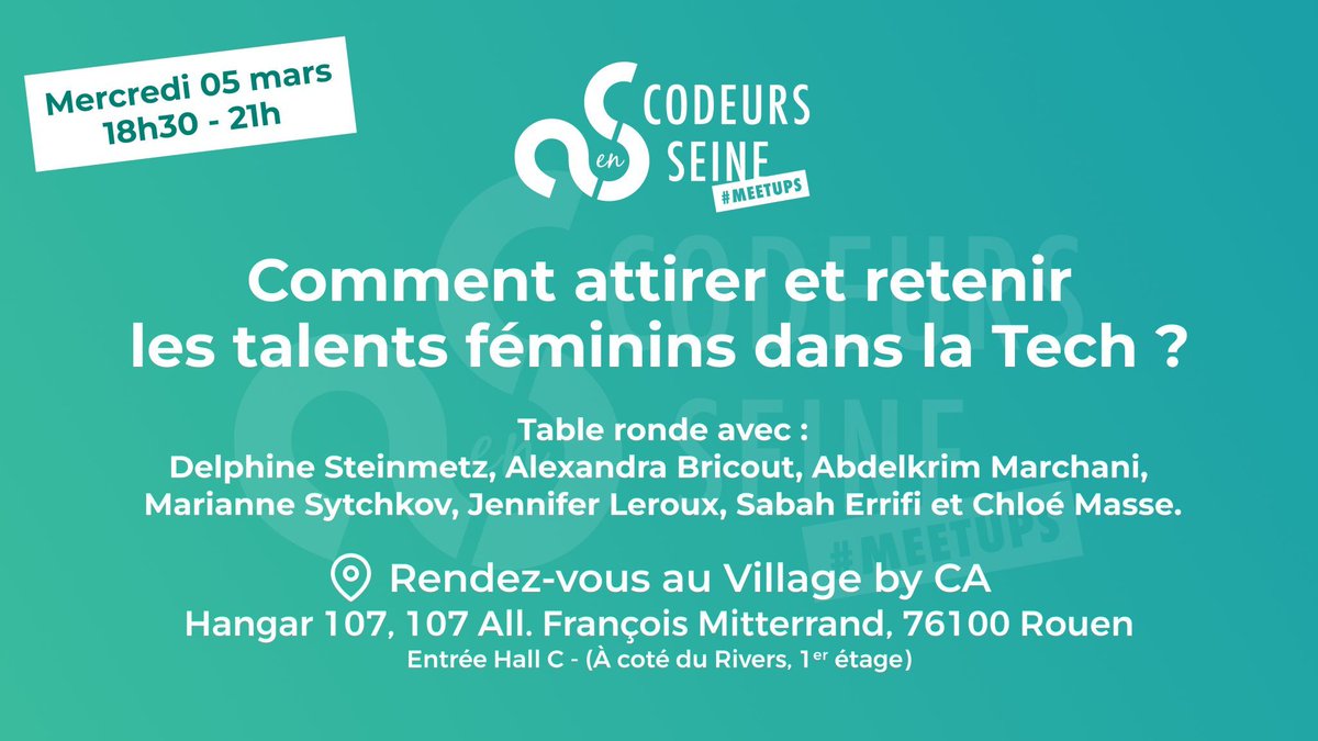 codeursenseine's tweet image. 🚨Rendez-vous le 05 Mars au Village by CA Rouen pour parler de la place des femmes dans la Tech 

Avec les Casseuses de Codes on s&apos;associe pour organiser une table ronde : attirer et fidéliser les talents féminins dans le secteur de la Tech.

Inscription : buff.ly/ULqVGVl