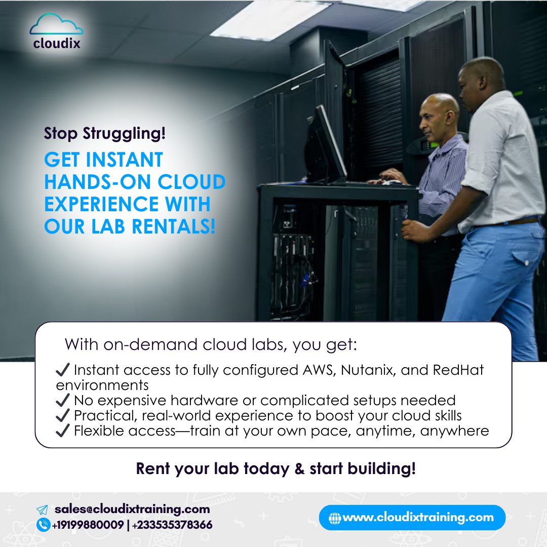 CloudixT's tweet image. Don’t just study cloud computing—experience it!
Our labs give you the real-world practice you need.

📌 Rent your lab today &amp;amp; start building!

#LabRental #CloudLabs #HandsOnLearning #AWS #Nutanix #RedHat #CloudComputing #TechTraining #nutanix #cloudixt #habby