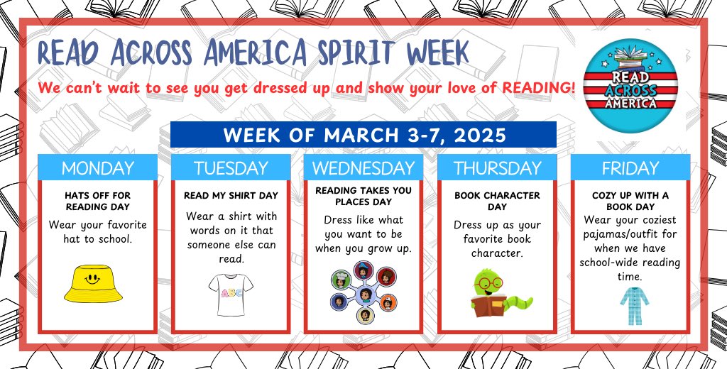 Today is the first day of our Read Across America spirit week! I can’t wait to see everyone’s hats today for “Hats Off for Reading” Day! 🎩🧢👒⛑️👑