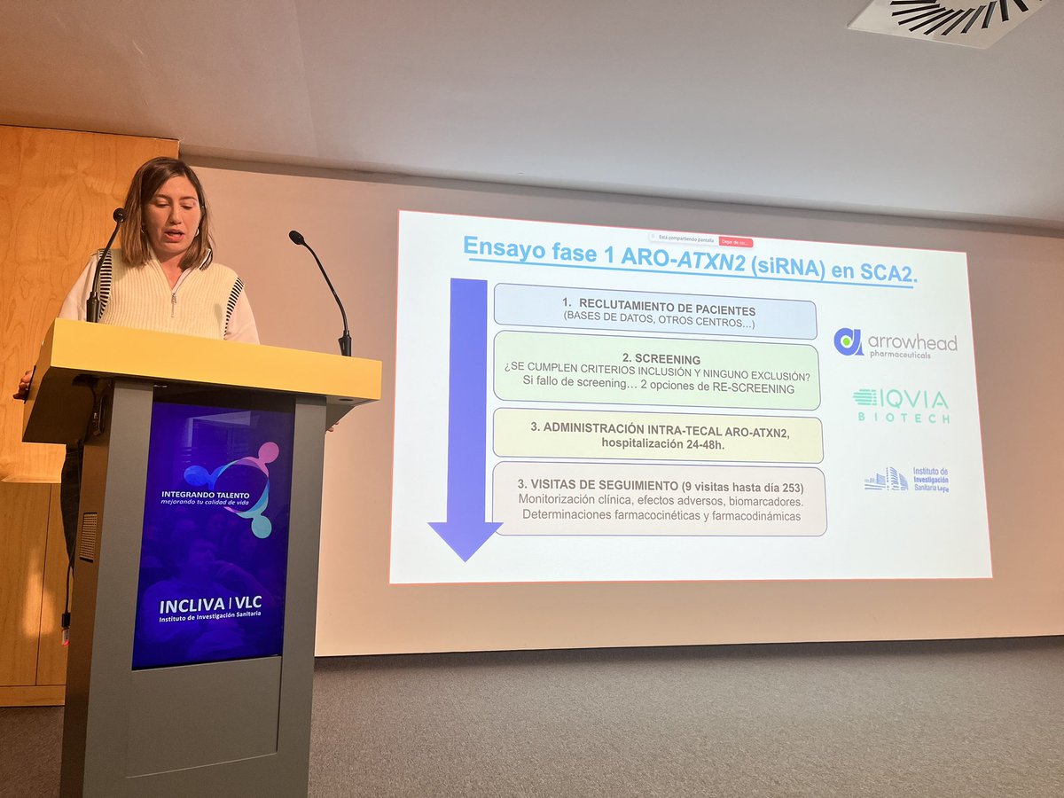 AnaPilarGomez's tweet image. Raquel Baviera @HospitalLaFe nos cuenta que en breve se abrirá el reclutamiento de pacientes con #SCA2 para silenciar 🔇 ATXN2 con siRNAs mediante 💉intratecal en un ensayo clínico a nivel mundial. 
@CIBERER @incliva_iis
