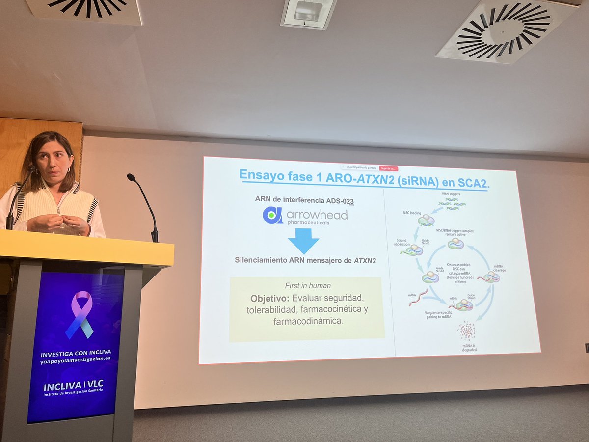 AnaPilarGomez's tweet image. Raquel Baviera @HospitalLaFe nos cuenta que en breve se abrirá el reclutamiento de pacientes con #SCA2 para silenciar 🔇 ATXN2 con siRNAs mediante 💉intratecal en un ensayo clínico a nivel mundial. 
@CIBERER @incliva_iis