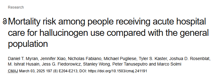 These findings are from our study in <a href="/CMAJ/">CMAJ</a> which compared overall and cause-specific mortality between members of the general population and people with incident acute care hospitalization involving hallucinogens. cmaj.ca/content/197/8/… 2/9