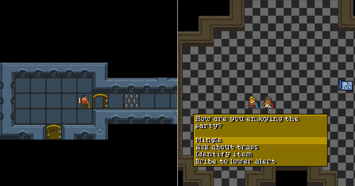 jucarave's tweet image. Finished my first day in the #7DRL challenge, I&apos;m making a #roguelike where you control 2 characters, one in a party, one in the dungeon. Check my progress at my blog: camiloramirez.dev/dungeon-rogue-…