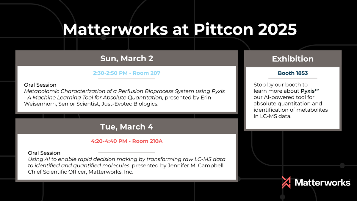 matterworks_bio's tweet image. #Pittcon is taking place in Boston for the first time & we're excited to participate! Our technology is being presented in the main program, and we'll be on the exhibition floor at booth 1853. Come and hear about our AI-powered technology for raw LC-MS data interpretation.
