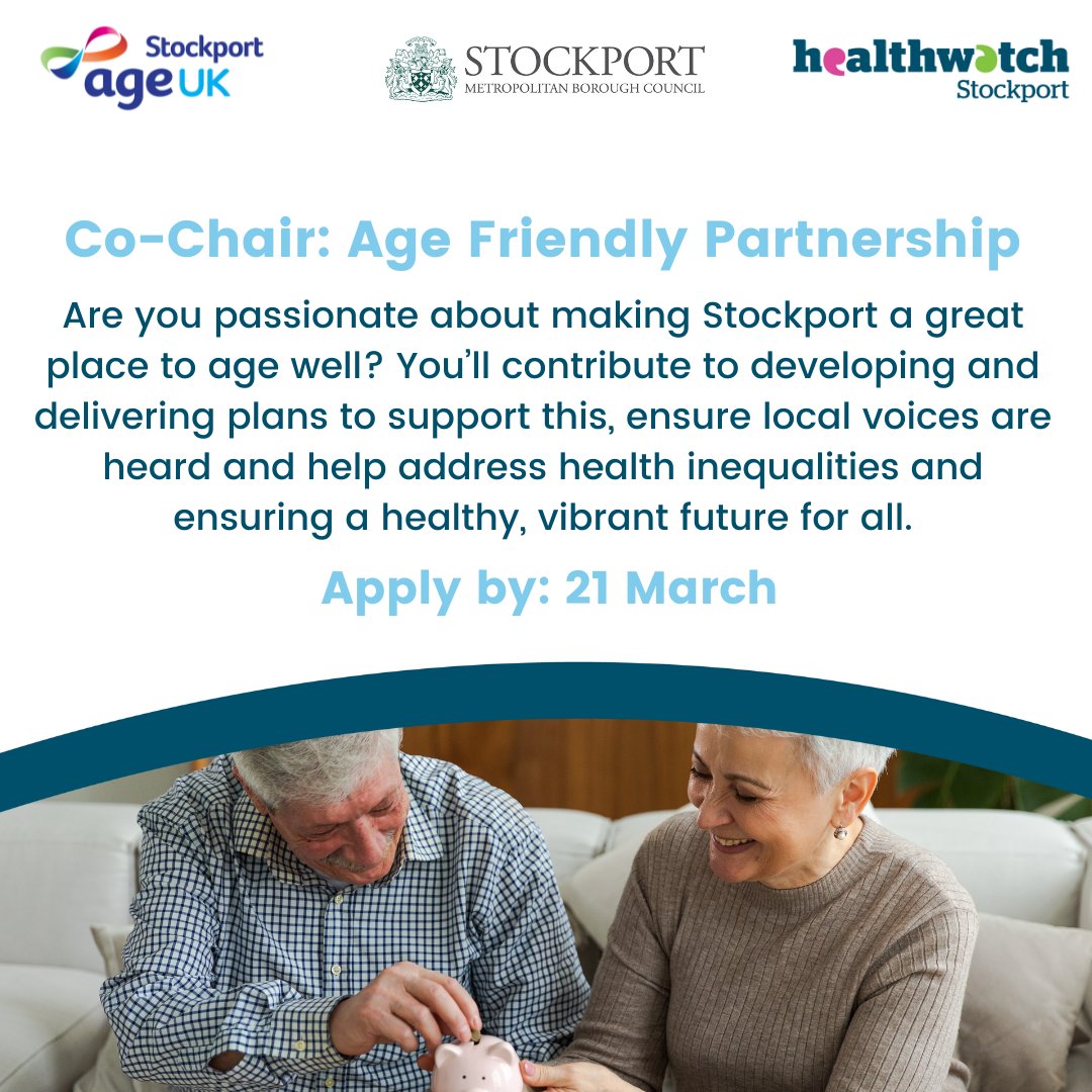 Passionate about making #Stockport a great place to age well? The Stockport Age Friendly Partnership is seeking a Co-Chair with lived experience to help shape a brighter future for people of all ages. Apply by 21 March.

healthwatchstockport.co.uk/news/2025-02-2…

#healthwatchstockport