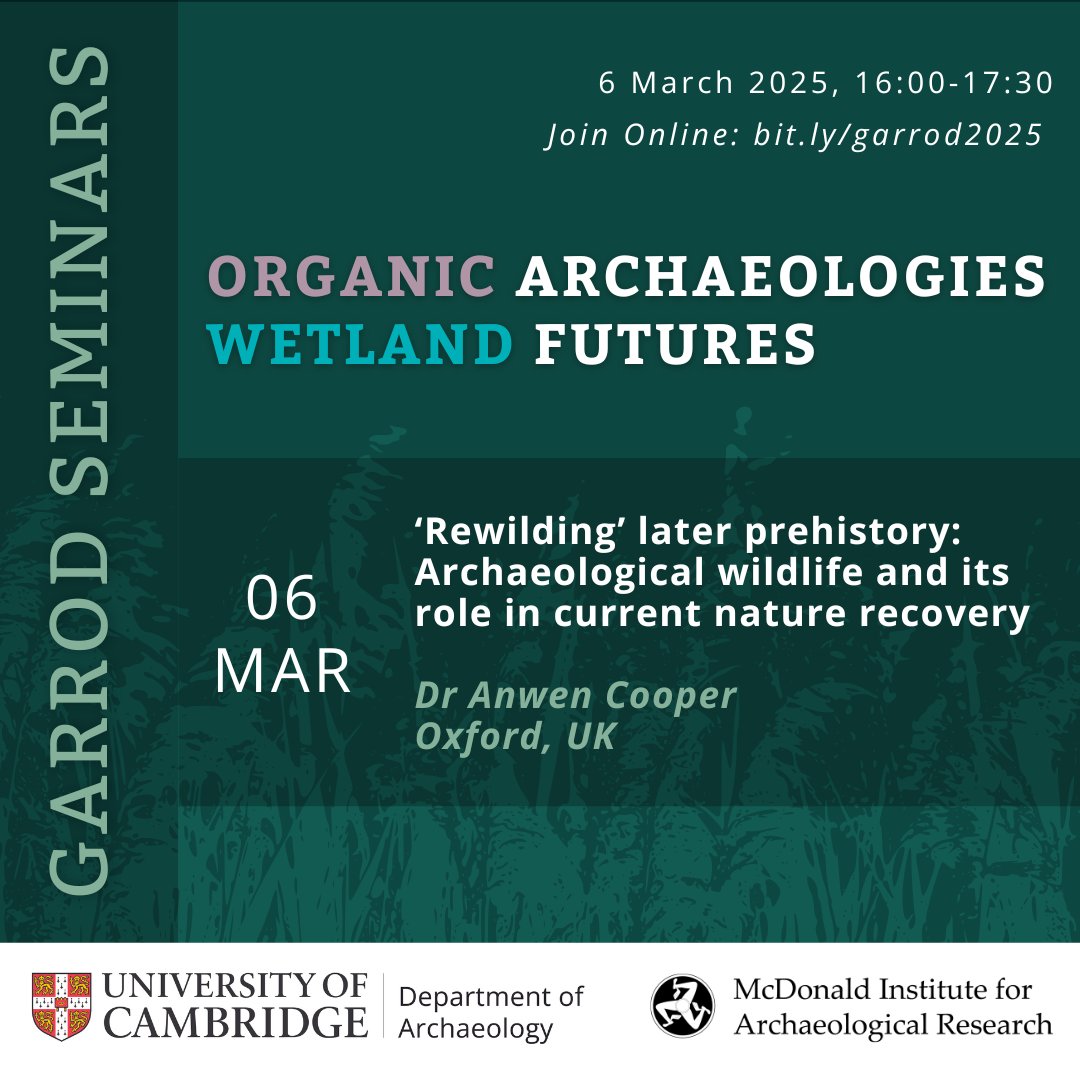 Cambridge Archaeology (@ucamarchaeology) on Twitter photo Join us this Thursday for ‘‘Rewilding’ later prehistory: Archaeological wildlife and its role in current nature recovery’ with Dr Anwen Cooper from <a href="/school_of_arch/">Oxford School of Archaeology</a>
📅 Thursday 6 March 2025
⏰ 4pm
🔗 More info and how to join online in bio
👉 More info: bit.ly/garrod2025 Join us this Thursday for ‘‘Rewilding’ later prehistory: Archaeological wildlife and its role in current nature recovery’ with Dr Anwen Cooper from <a href="/school_of_arch/">Oxford School of Archaeology</a>
📅 Thursday 6 March 2025
⏰ 4pm
🔗 More info and how to join online in bio
👉 More info: bit.ly/garrod2025