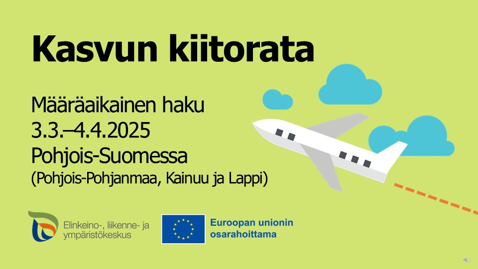 ✈️ Hyppää kyytiin kasvun kiitoradalle! ELY-keskuksen haku pk-yritysten selvityshankkeille avoinna Pohjois-Pohjanmaalla, Kainuussa ja Lapissa 3.3.–4.4.2025! 

rakennerahastot.fi/-/yrityksen-ke…

#ELYkeskus #EUrahoituspohjoisessa #EAKR #PohjoisPohjanmaa #Lappi #Kainuu
<a href="/Lapin_ELY/">Lapin ELY-keskus</a> <a href="/KainuunELY/">Kainuun ELY-keskus</a>