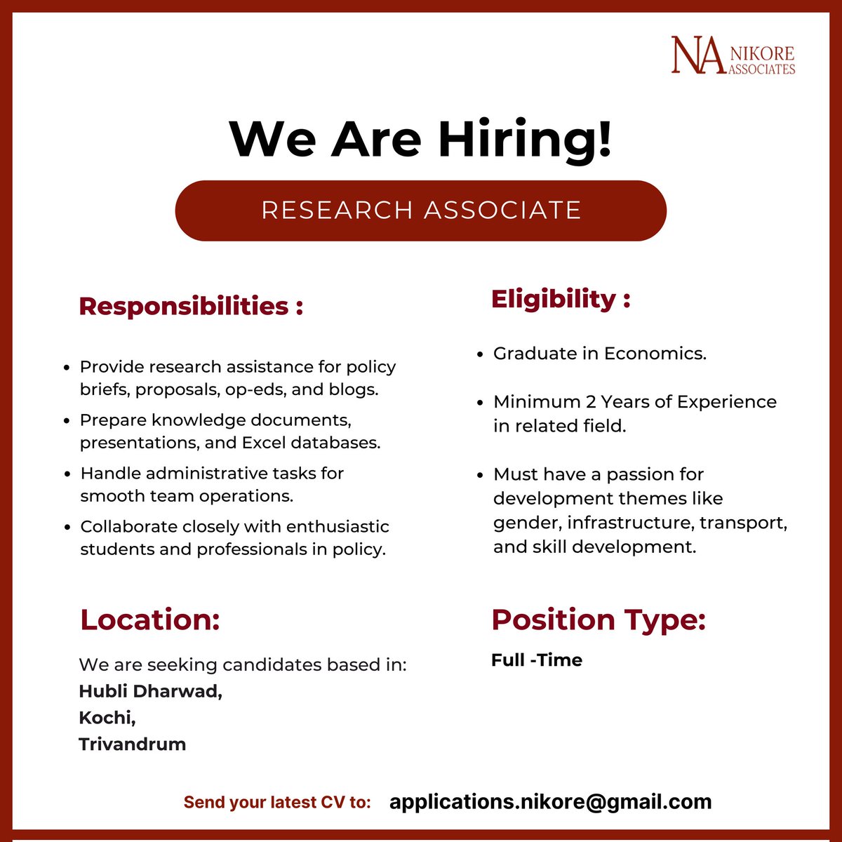 NAEconTeam's tweet image. 📢 We’re Hiring!

Nikore Associates seeks a Research Associate (Full-Time) in Hubli-Dharwad, Kochi, or Trivandrum.

🔹Eligibility: Graduate/Postgraduate in Economics, 2+ yrs experience preferred.

Apply now &amp;amp; be part of the change!

#hiring #ResearchAssociate