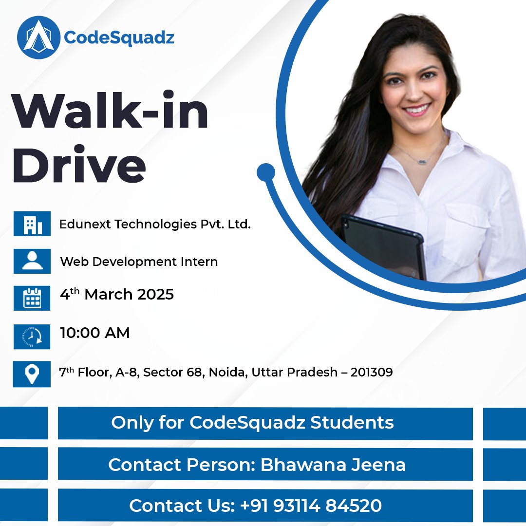 appsquadzedu's tweet image. 🚀 Exciting Opportunity Alert! 🚀

Walk-in Drive for a Web Development Intern position at Edunext Technologies Pvt. Ltd.! 🎯

📅 Date: 4th March 2025⏰ Time: 10:00 AM
📍 Location: 7th Floor, A-8, Sector 68, Noida

#walkindrive #webdevelopmentjobs #techjobs #jobhunt #codesquadz
