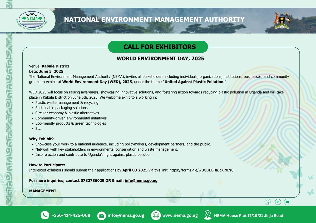 Call for Exhibitors at WORLD ENVIRONMENT DAY, 2025 Celebrations! 🌍🌍🌍🌍. Apply before April 03 2025 via forms.gle/wUGLiBBHaJqXR8…