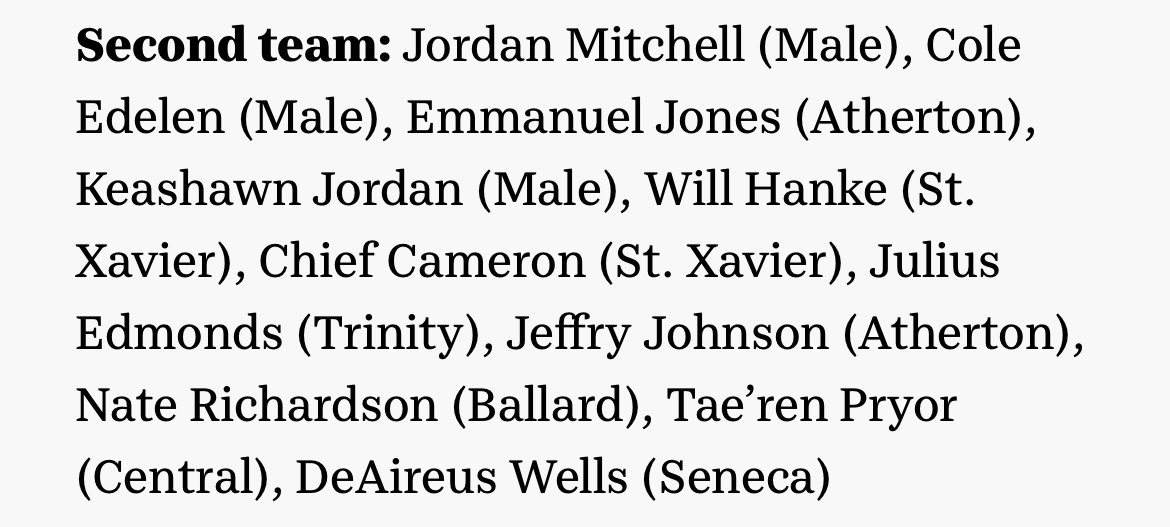 Corey Price (@coreyp08) on Twitter photo Congratulations to these <a href="/MaleHighBBall/">Louisville Male Basketball</a> players for being named to the <a href="/courierjournal/">Courier Journal</a> All-7th Region Team this season:
First Team
<a href="/GasawayJayson/">Jayson Gasaway</a>
Second Team
<a href="/ColeEdelen/">Cole Edelen</a>
<a href="/k3ashawn/">KEASHAWN</a>
<a href="/BabyLuka15/">Jordan Mitchell</a> Congratulations to these <a href="/MaleHighBBall/">Louisville Male Basketball</a> players for being named to the <a href="/courierjournal/">Courier Journal</a> All-7th Region Team this season:
First Team
<a href="/GasawayJayson/">Jayson Gasaway</a>
Second Team
<a href="/ColeEdelen/">Cole Edelen</a>
<a href="/k3ashawn/">KEASHAWN</a>
<a href="/BabyLuka15/">Jordan Mitchell</a>