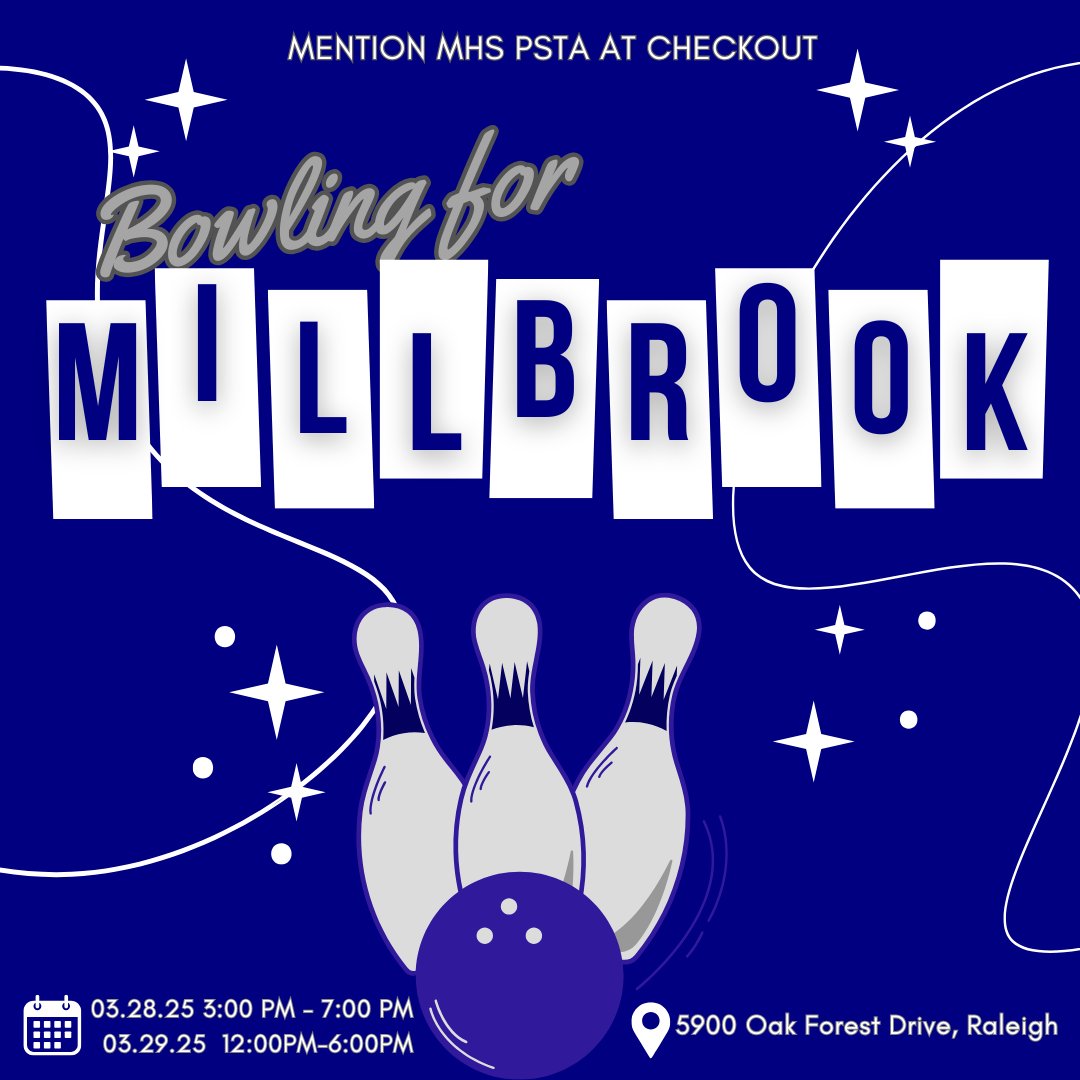 Bowling for Millbrook!  🎳Join us at Buffaloe Lanes on 3/28 (3-7pm) or 3/29 (12-6pm). Mention MHS at checkout to support our PTSA! Pay online? Bring your receipt to the bowling alley. #MillbrookHigh #PTSA #BowlingForACause
