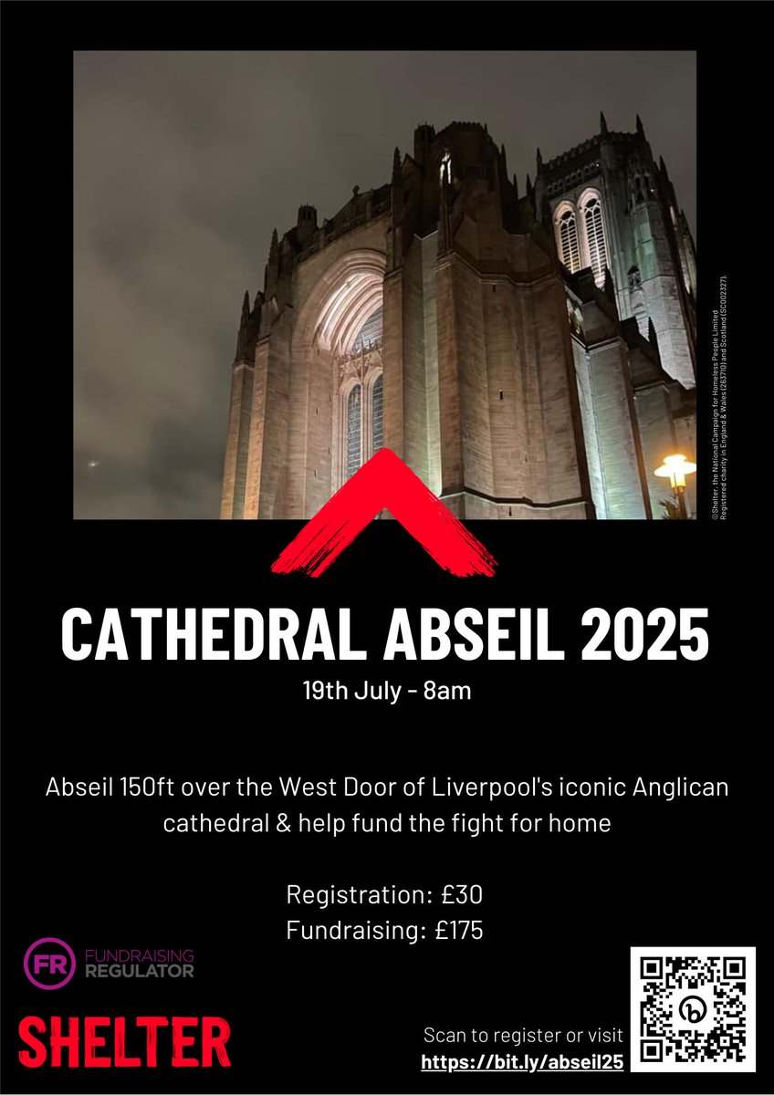 ShelterMSY's tweet image. Looking for a challenge in 2025?  Look no further!

Abseil 150ft over the West Door of Liverpool&apos;s iconic Anglican cathedral this July, in aid of Shelter.

Sign up at: buff.ly/fInoHzw