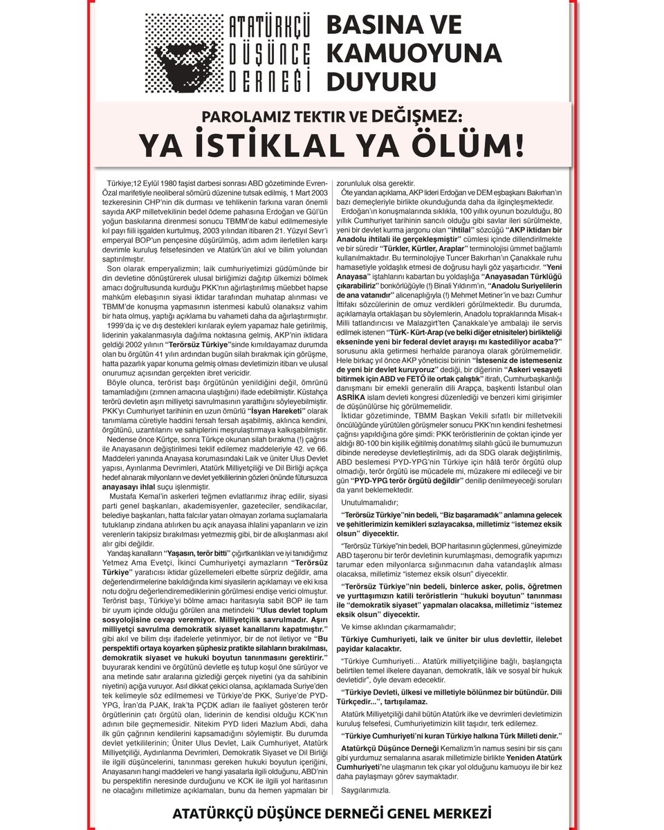 Emperyalizmin Türkiye’yi bölme planının taşeronu hain terör örgütü PKK'nın müebbet hapse mahkûm elebaşının siyasi iktidar tarafından muhatap alınması hakkındaki basın açıklamamız, bugün Cumhuriyet gazetesinde arka kapak tam sayfa olarak yayınlanmıştır.