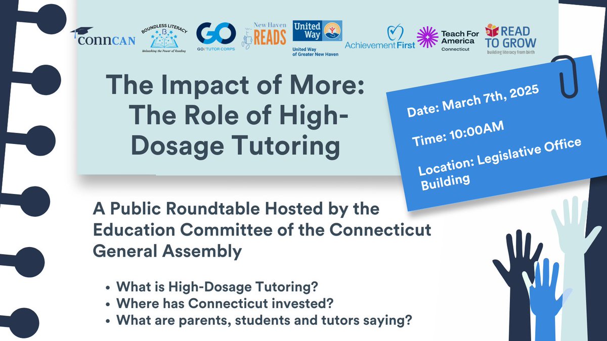 📣 Save the Date! 📣

Join us Friday, March 7th for a High-Dosage Tutoring Roundtable hosted by the Education Committee, co-chaired by Rep. Jen Leeper &amp; <a href="/SenMcCrory/">Doug McCrory</a>! 📝

Click here to register: forms.gle/2fz8QcrqHHtWPU…

<a href="/CTSenateDems/">CT Senate Democrats</a> <a href="/CTHouseDems/">CT House Democrats</a> #HighDosageTutoring #CTEducation