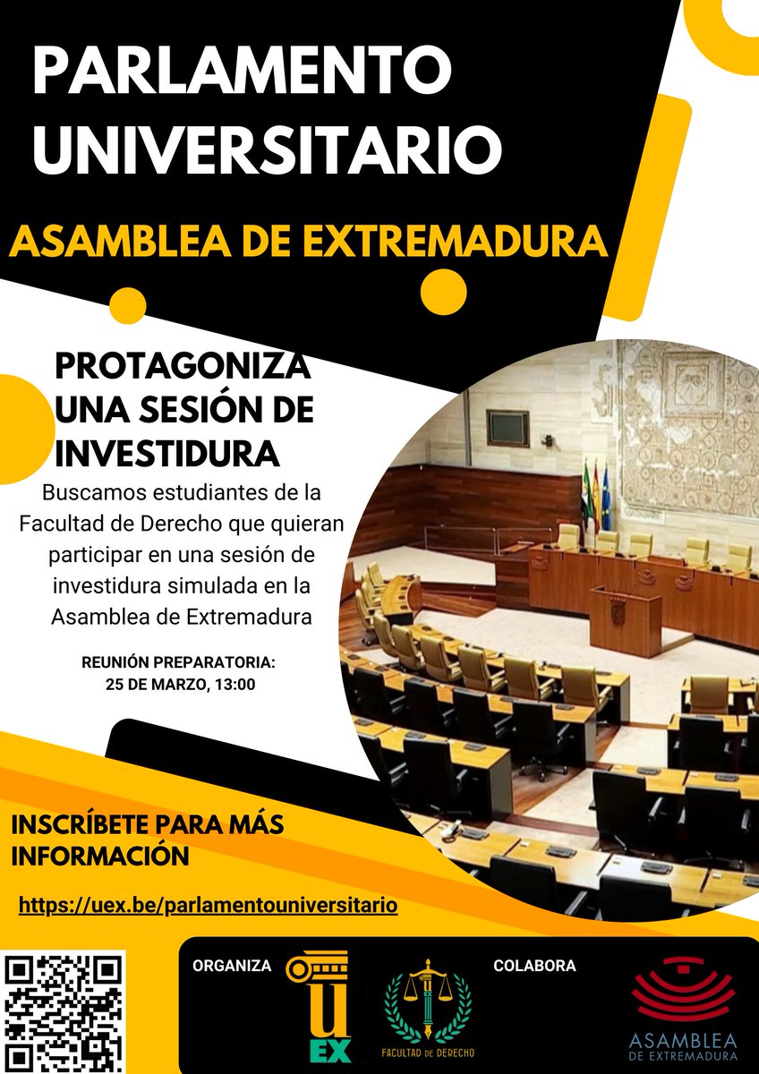 Facultad de Derecho UEX (@uexderecho) on Twitter photo Actividad práctica organizada por el Área de Derecho Constitucional de nuestra Facultad, en colaboración con la <a href="/Asamblea_Ex/">Asamblea Extremadura</a>.
El estudiantado podrá protagonizar una simulación de sesión de investidura en nuestro parlamento regional.
Inscripciones: uex.be/parlamentouniv… Actividad práctica organizada por el Área de Derecho Constitucional de nuestra Facultad, en colaboración con la <a href="/Asamblea_Ex/">Asamblea Extremadura</a>.
El estudiantado podrá protagonizar una simulación de sesión de investidura en nuestro parlamento regional.
Inscripciones: uex.be/parlamentouniv…