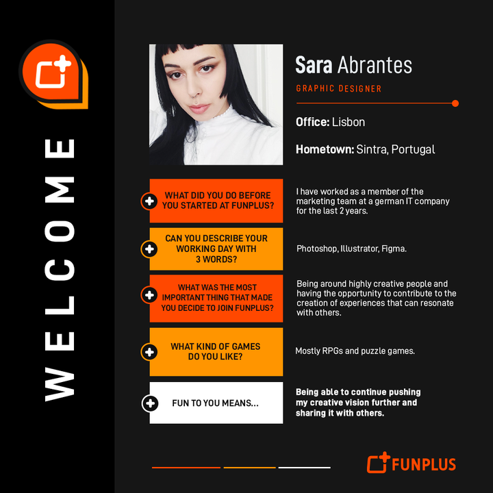 FunPlusGames's tweet image. 🚀 🌟 Say hello to Sara Abrantes, joining as Graphic Designer in Lisbon! 

#FunPlus #FunPlusPeople #NewHire #Welcome #StudioEllipsis