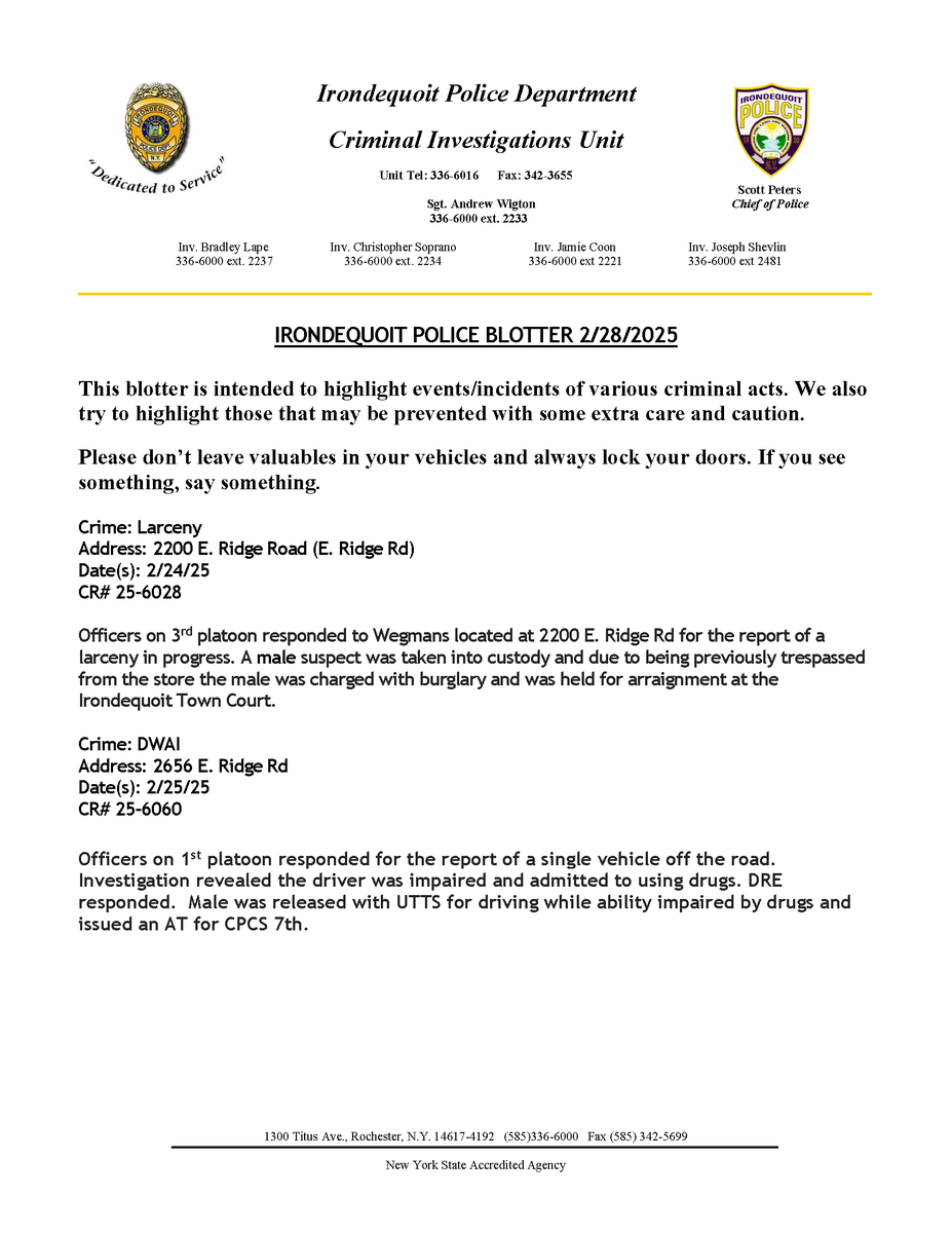 IrondequoitPD's tweet photo. Irondequoit Police Department Blotter 2/28/25 and January Crime Stats
@irondequoit_ny https://t.co/PAL5aX2N16