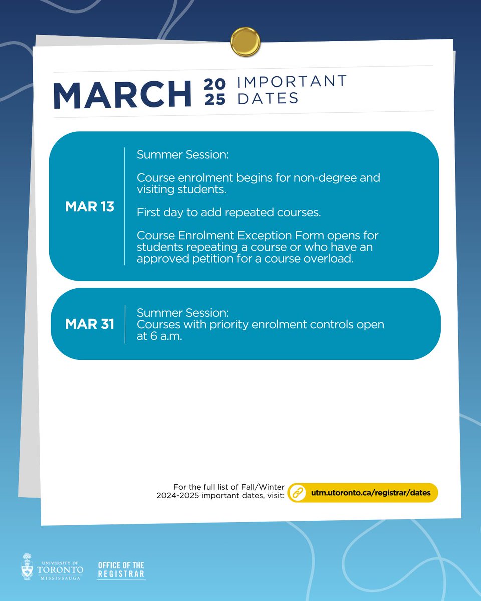 🌺Get ready to welcome spring with these important dates for March!  Find more on the Office of the Registrar website: utm.utoronto.ca/registrar/dates