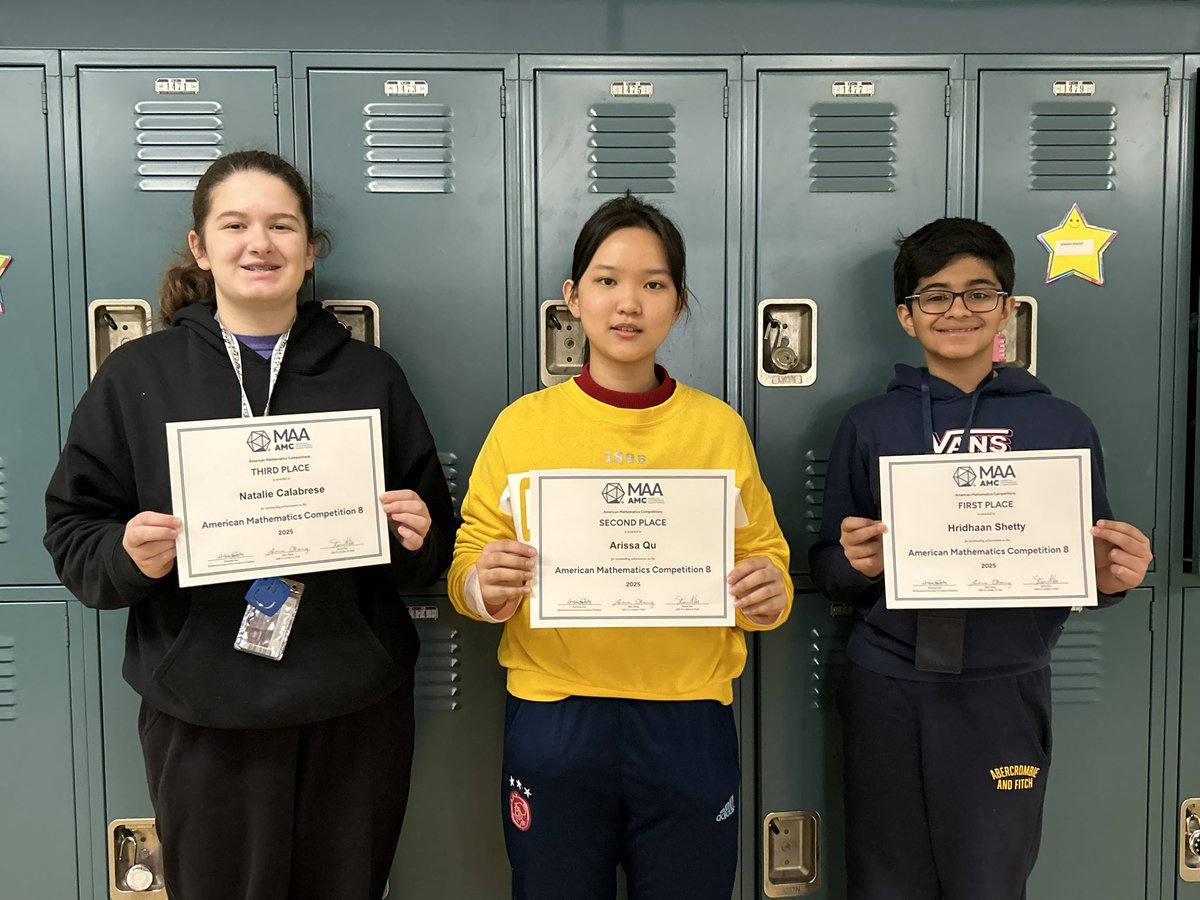 Marguerite Spriggs (@mspriggs30) on Twitter photo CONGRATS to the WT Clarke MS top finishers for the AMC8
🥇Hridhaan Shetty
🥈Arissa Qu
🥉Natalie Calabrese
Hridhaan also received an Honor Roll Certificate for scoring in the top 5% of student nationally!!
Great Job 👏🏼 👏🏼
<a href="/emeadowschools/">East Meadow Schools</a> <a href="/WTClarkeMS/">Stacy Breslin🌼</a> CONGRATS to the WT Clarke MS top finishers for the AMC8
🥇Hridhaan Shetty
🥈Arissa Qu
🥉Natalie Calabrese
Hridhaan also received an Honor Roll Certificate for scoring in the top 5% of student nationally!!
Great Job 👏🏼 👏🏼
<a href="/emeadowschools/">East Meadow Schools</a> <a href="/WTClarkeMS/">Stacy Breslin🌼</a>