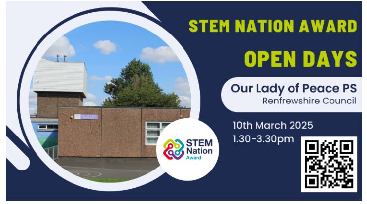 Would you like to see the STEM Nation Award in action? Our Lady of Peace PS in Linwood are hosting an Open Day on 10th of March to showcase how the STEM Nation Award is improving learner engagement. 
Click the link to register and view all open days. 
blogs.glowscotland.org.uk/glowblogs/STEM…
