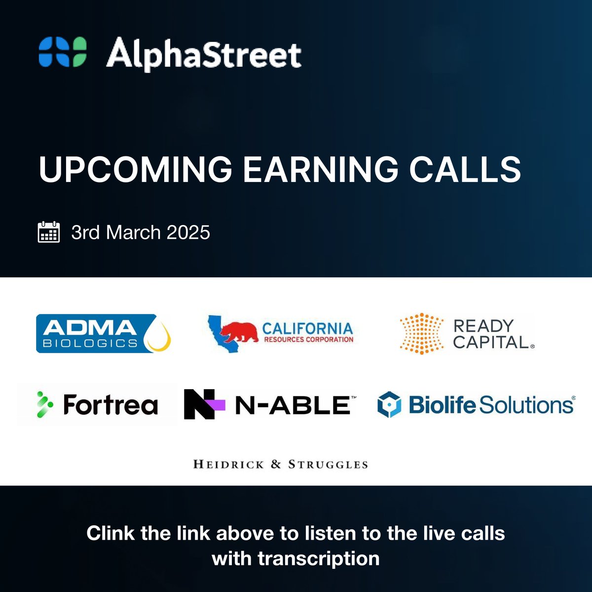 AlphSt_India's tweet image. Exciting news! Earnings calls for Feb 3, 2025, are out.  

Get highlights, transcripts &amp;amp; insights for ADMA Logistics, California Resources, Ready Capital, Fortrea, N-ABLE &amp;amp; more at AlphaStreet:  

vist.ly/3mwdbvz 

#earningcalls #StockMarket #Investing #Finance