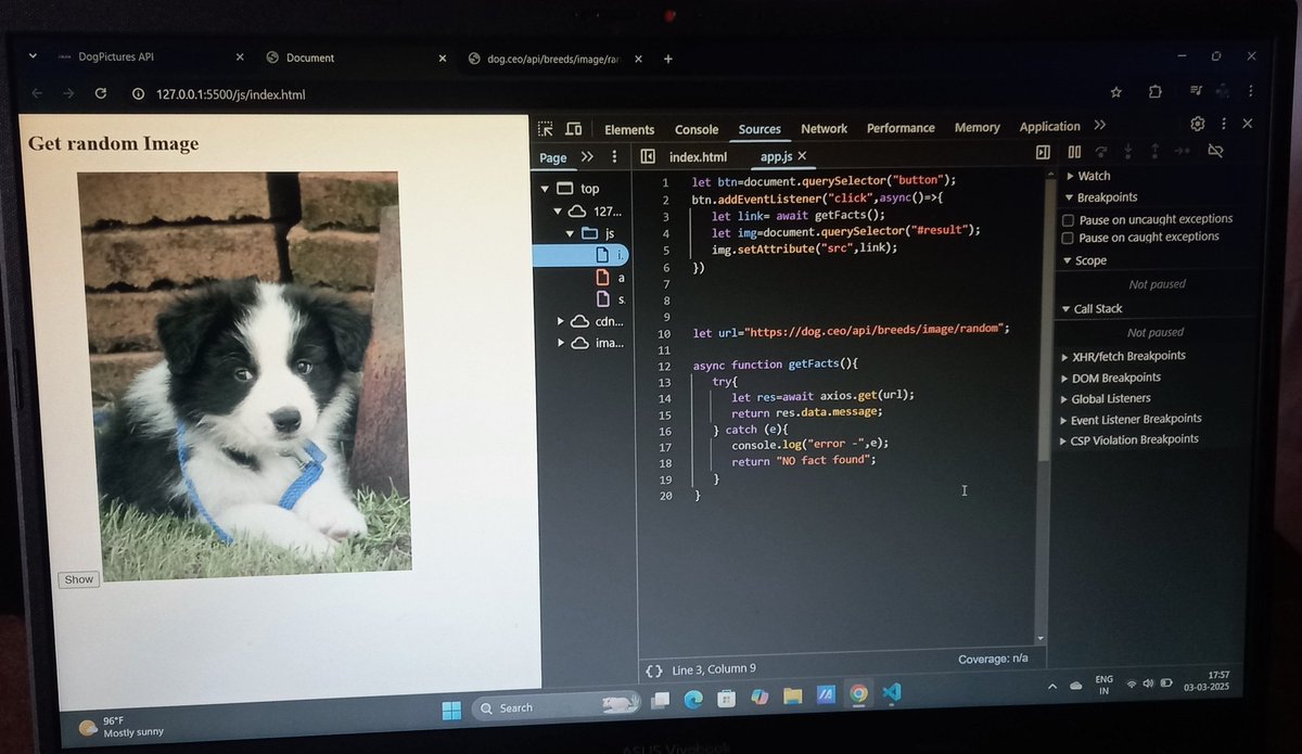abhinaysangem18's tweet image. &quot;Just built my first API project! 🚀 Used #DogApi to fetch random dog images 🐶 and display them dynamically with JavaScript. Excited to explore more APIs! #100DaysOfCode #JavaScript #APIDevelopment&quot;
