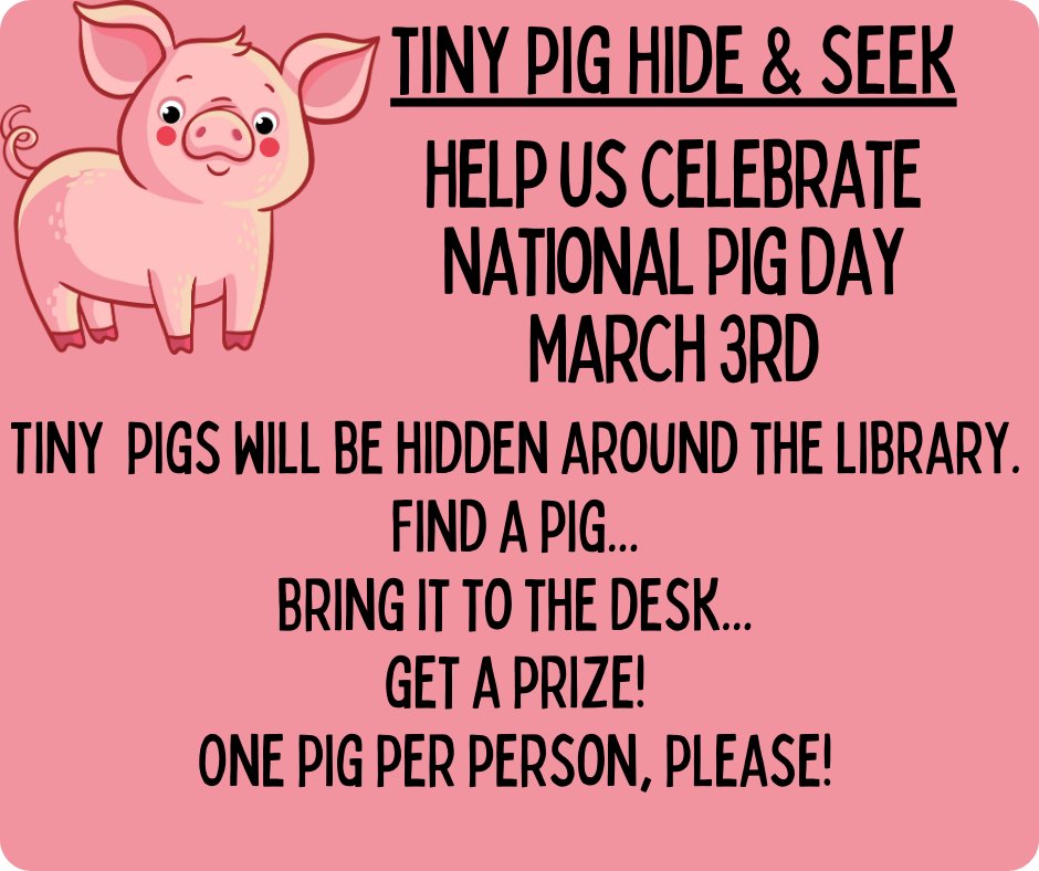 SRTexanLibrary's tweet image. Hey @SamRayburn_HS Students, It is National Pig Day! Come on in to your #TexanLibrary for our Tiny Pig Hide &amp;amp; Seek. Find a Pig, Bring it to the desk, Get a Prize! 1 Pig per person.  #pisdREADS