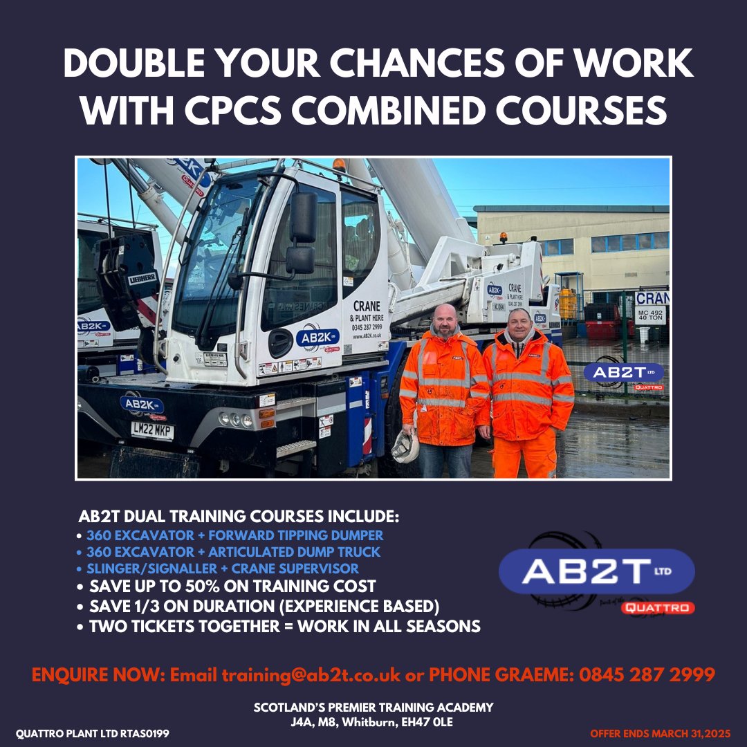 AB2Kplant's tweet image. * NEWS *
For a limited period during the month of March, AB2T in Whitburn is offering combined courses! 
Contact Graeme on 0845 287 2999 or email training@ab2t.co.uk for more details.
AB2T dual training offer must end on March 31st. 
#constructiontraining #CPCS  #jobs #planthire