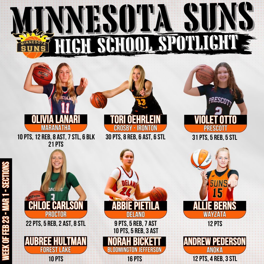 March is HERE!!

Minnesota Suns High School Spotlight for the Week of February 23 - March 1!