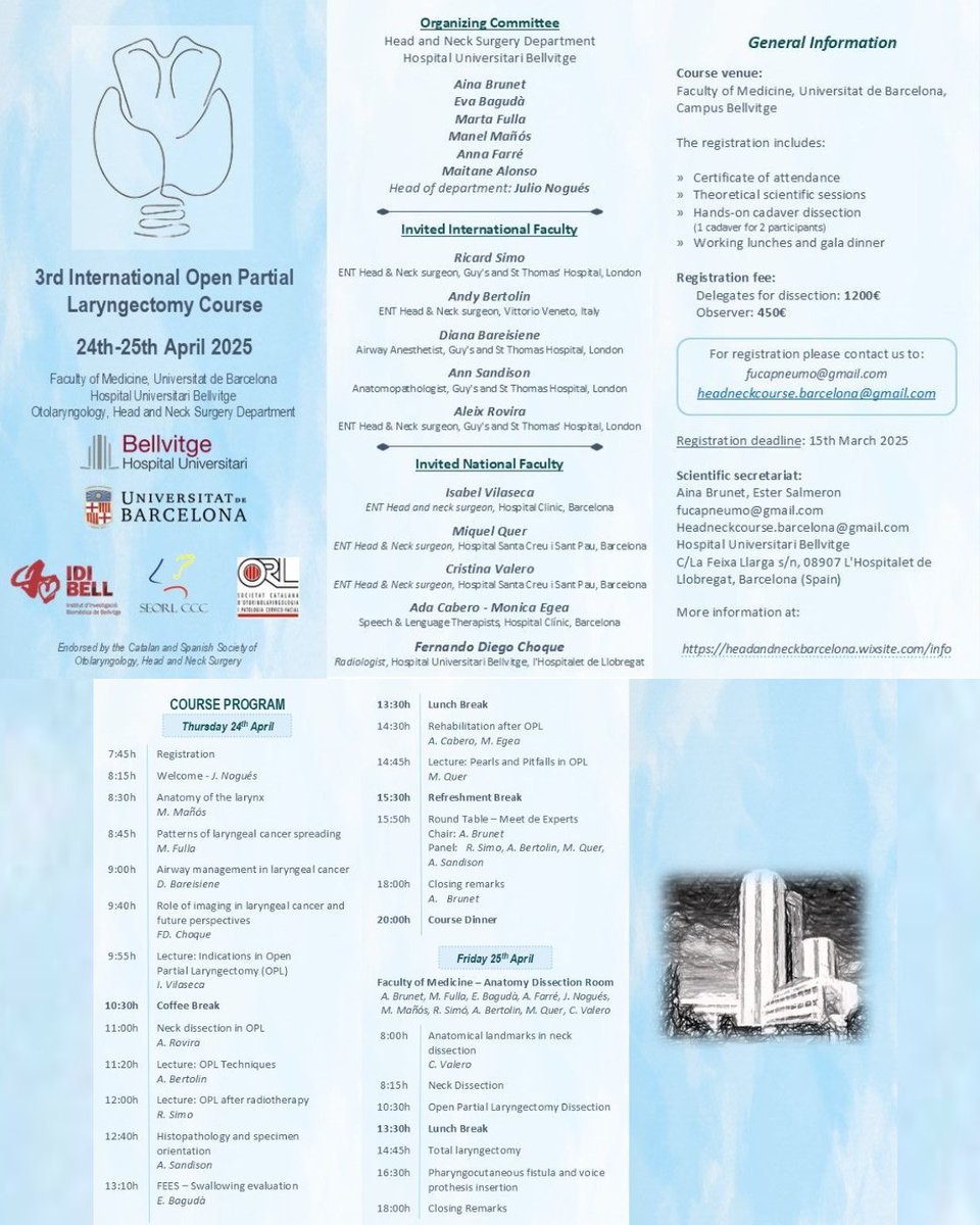 Join the 3rd Open Partial Laryngectomy Course at the Hospital Universitari de Bellvitge Universitat de Barcelona, April 24-25! 

Register now: seorl.net/evento-agenda/… 

#3rdOpenPartialLaryngectomyCourse #OpenPartialLaryngectomyCourseBarcelona #HeadandneckcourseBarcelona
