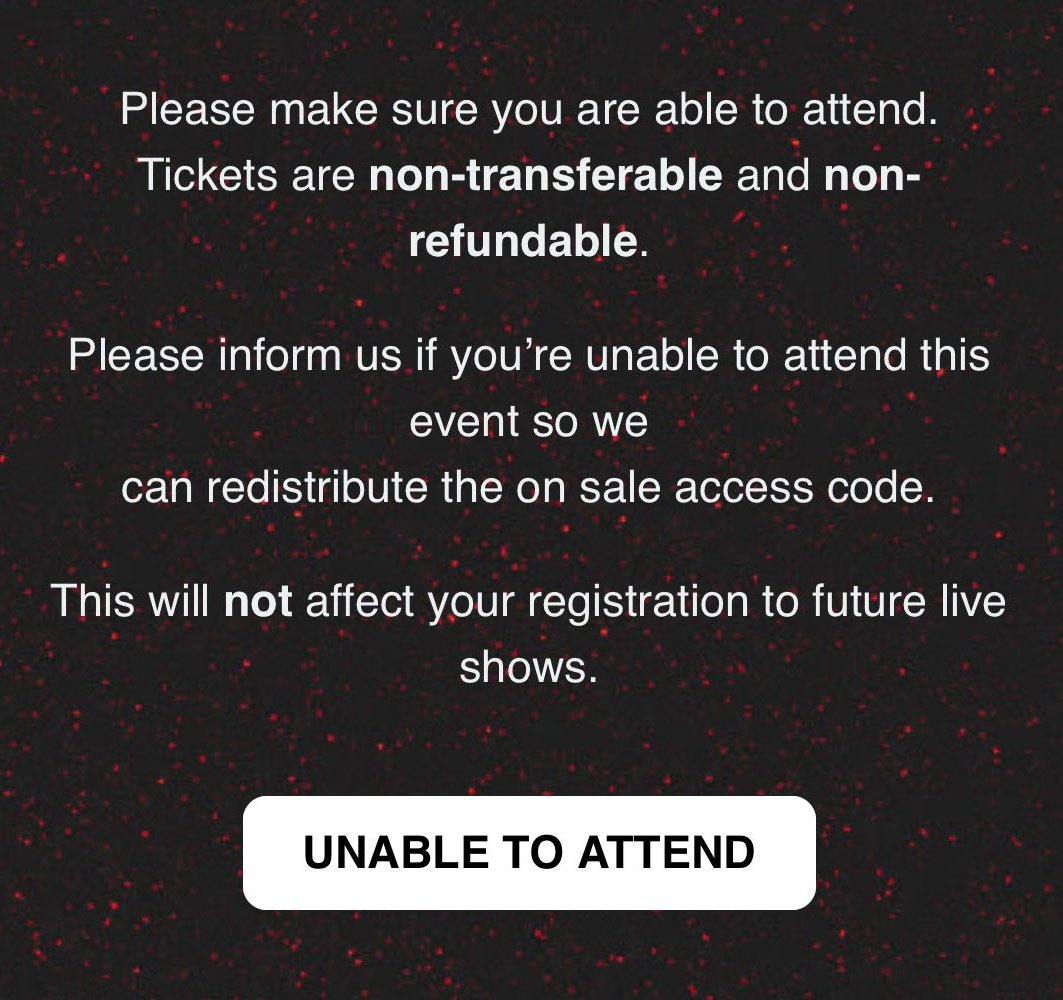 🔔| Louis Tomlinson — Electric Brixton

If you are unable to attend the show and have a code, please press the “UNABLE TO ATTEND” option so that someone else can receive the code.

• Codes ARE NOT transferable (codes are linked to email).
• Tickets ARE NOT transferable.