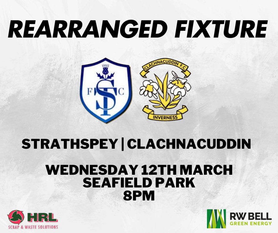 Rearranged Fixture📆 

Last month’s postponed trip to Strathspey Thistle has now been re arranged for Wednesday 12th March, kicking off at 8PM.