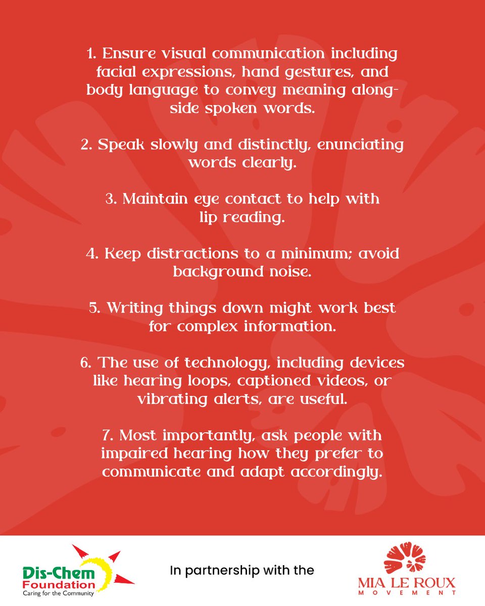 Today is #WorldHearingDay! Let’s take a moment to learn how we can create a more inclusive world for those with hearing impairments. 🦻

<a href="/Dischem/">Dis-Chem</a> 

#DeafAwareness #InclusionMatters #EmpowermentForAll #GiftOfHearing #DischemFoundation #MiaLeRouxMovement #MissSA2024
