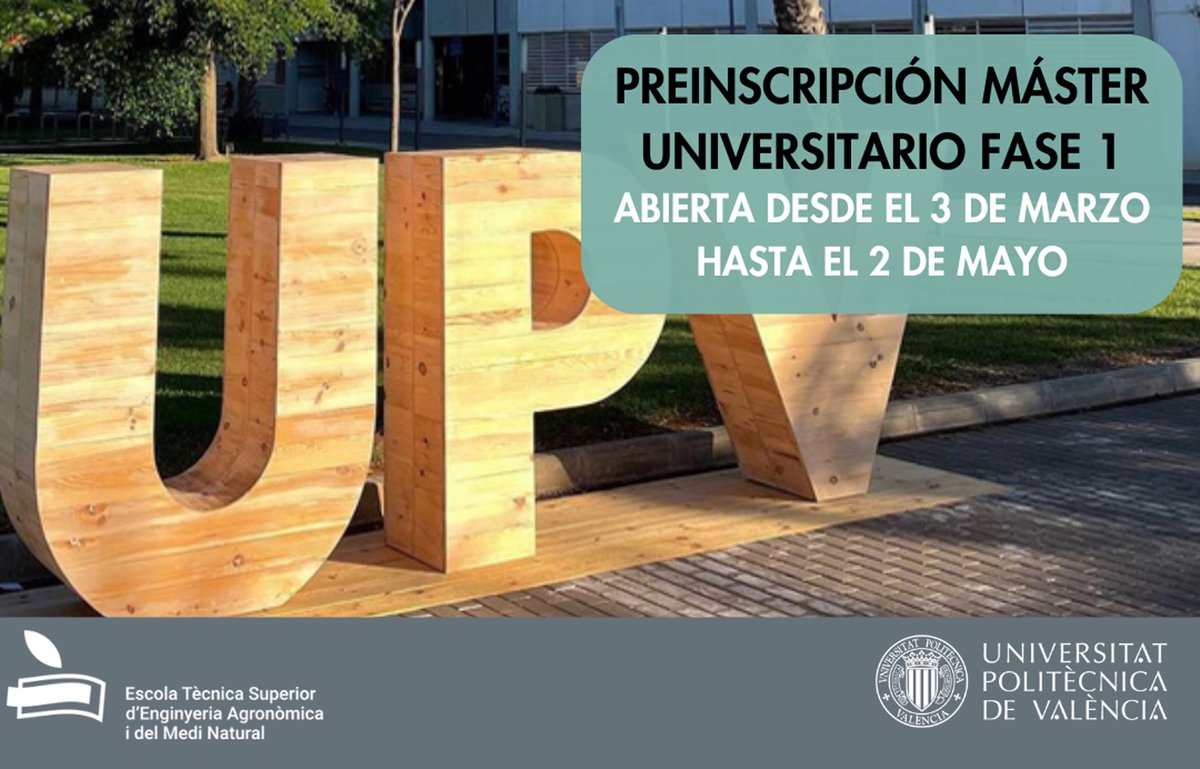 📢INFORMACIÓN DE INTERÉS:
🙌Abierta preinscripción para los másteres de la ETSEAMN!
🗓️ 3 marzo – 2 mayo
🎓 Formación de calidad + profesorado experto + salidas profesionales = Tu mejor inversión.
➕ Más info aquí:
🔗 tinyurl.com/56f3t9k4
#MásteresUPV #ETSEAMN