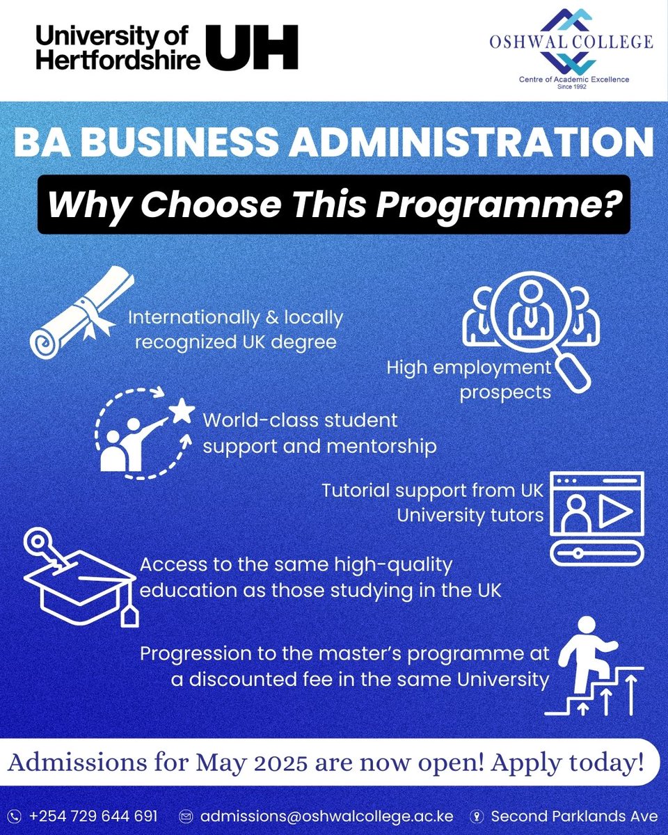Oshwal College (@oshwalcollegeke) on Twitter photo Opportunity for holders of a Diploma in Business, International Baccalaureate®, A-Level, KCSE, or Pearson BTEC Level 3 Extended Diploma in any field.
🚀 Your Future Starts Here! 🚀
📞 Call: +254 729 644 691
📧 Email: admissions@oshwalcollege.ac.ke Opportunity for holders of a Diploma in Business, International Baccalaureate®, A-Level, KCSE, or Pearson BTEC Level 3 Extended Diploma in any field.
🚀 Your Future Starts Here! 🚀
📞 Call: +254 729 644 691
📧 Email: admissions@oshwalcollege.ac.ke