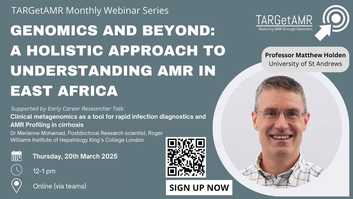 ⏳March Webinar⏳
Storm Éowyn may have delayed it, but you won’t want to miss it!🌪️
🔬Genomics &amp; Beyond: A Holistic Approach to Understanding AMR in East Africa
🎤Prof Matthew Holden, <a href="/UStAResearch/">University of St Andrews Research & Impact</a> 
📅20 Mar 2025 | ⏰12-1pm GMT
💻MS Teams
🔗 Register here: targetamr.org.uk/hdrevents/marc…