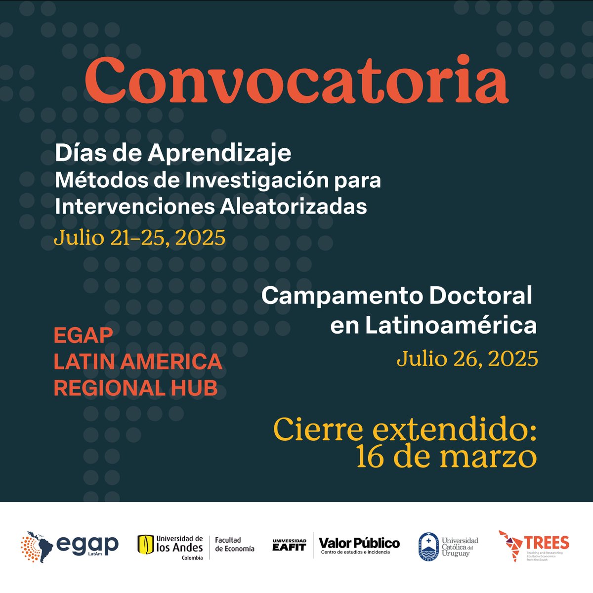 EGAP (@egaptweets) on Twitter photo 🚨 ¡Buenas noticias! Hemos ampliado el plazo para postular a: Taller Días de Aprendizaje EGAP #LatAm Hub <a href="/EconomiaUAndes/">Economía Uniandes</a> y Campamento Disertación Doctoral con <a href="/treesuniandes/">TREES</a> <a href="/UCUoficial/">Universidad Católica</a>.
⏰ Nuevo plazo: Marzo 16, 2025
📅 ¡Postúlate ahora!
🔗 Info: buff.ly/3PyVpEl 🚨 ¡Buenas noticias! Hemos ampliado el plazo para postular a: Taller Días de Aprendizaje EGAP #LatAm Hub <a href="/EconomiaUAndes/">Economía Uniandes</a> y Campamento Disertación Doctoral con <a href="/treesuniandes/">TREES</a> <a href="/UCUoficial/">Universidad Católica</a>.
⏰ Nuevo plazo: Marzo 16, 2025
📅 ¡Postúlate ahora!
🔗 Info: buff.ly/3PyVpEl