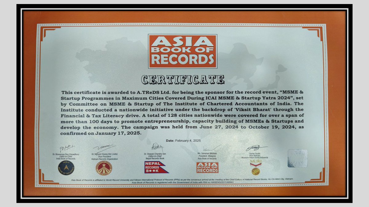 InvoiceMart's tweet photo. Invoicemart received a Certificate from Asia Book of Records &amp; India Book of Records for participating in the @ICAI MSME &amp; Start Up Yatra 2024 which was conducted by @ICAI across 128 cities in India.

#ICAI2024 #Startupevent #MSME #Asiabookofrecords2024 #Certificate2024 #atreds https://t.co/frsR5Rv2k9
