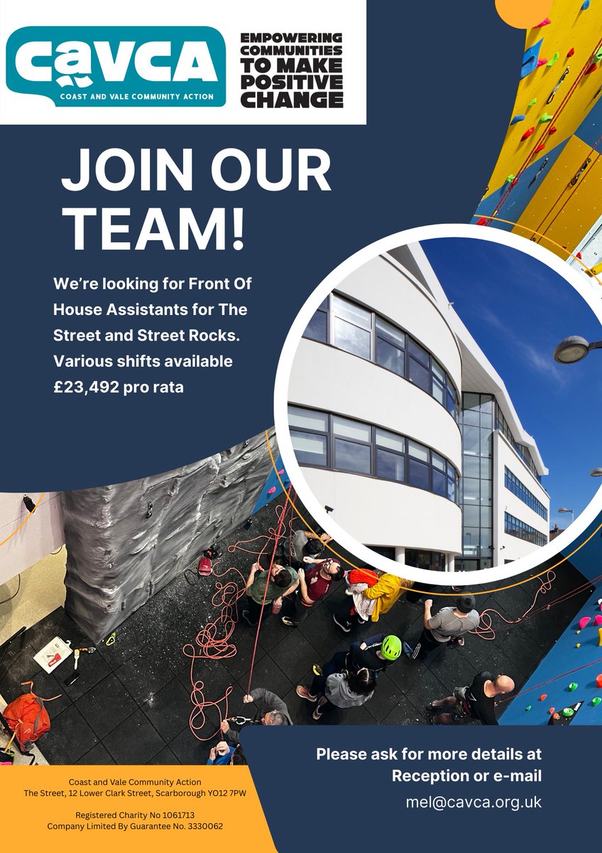 CaVCA (@cavca1) on Twitter photo Join our team!
We're looking for Front Of House Assistants for <a href="/TheStreet_UK/">The Street</a> and Street Rocks. Various shifts available. £23,492 pro rata
Please ask for more details at reception or email mel@cavca.org.uk
#Scarborough Join our team!
We're looking for Front Of House Assistants for <a href="/TheStreet_UK/">The Street</a> and Street Rocks. Various shifts available. £23,492 pro rata
Please ask for more details at reception or email mel@cavca.org.uk
#Scarborough