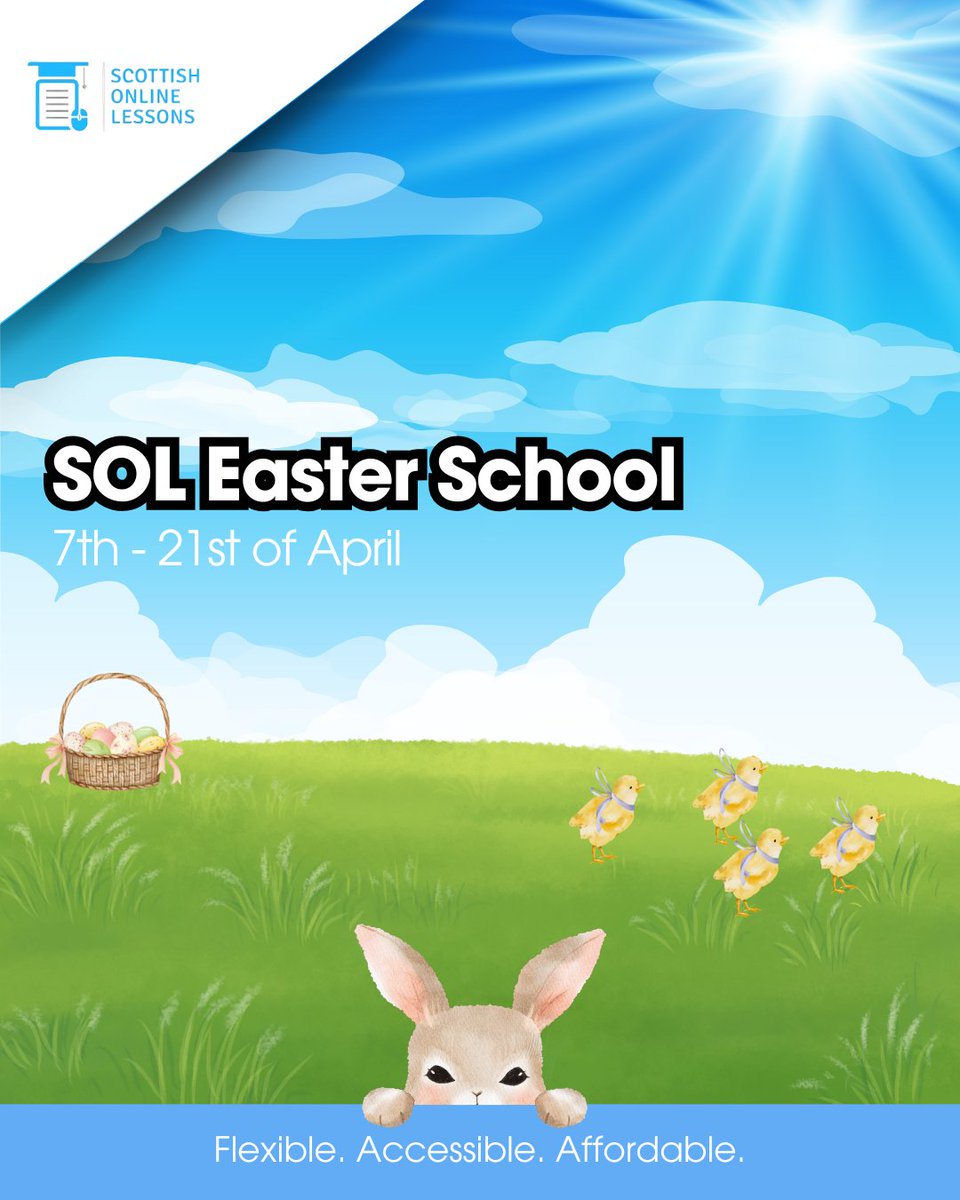Easter is almost here!
But so are exams.
Sign up to SOL for only £15 per month and get access to full course lessons in 10 Secondary subjects, narrated and created by qualified teachers and aligned with CfE.

#easterschool #onlinelearning #examsupport