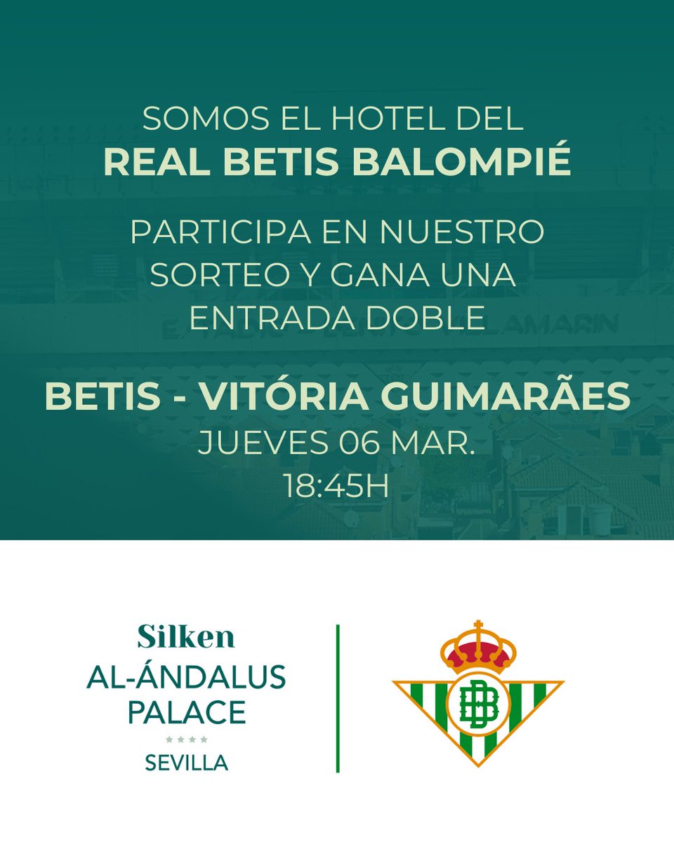 ⚽ Te regalamos una entrada doble, como hotel oficial del @realbetis, para verlos jugar en casa este jueves a las 18:45h contra el Vitória Guimarães.

Requisitos:

👍🏻 Seguir nuestra cuenta de X
🔁 Retwittear esta publicación

El miércoles a partir de las 12h diremos quién gana 🏆