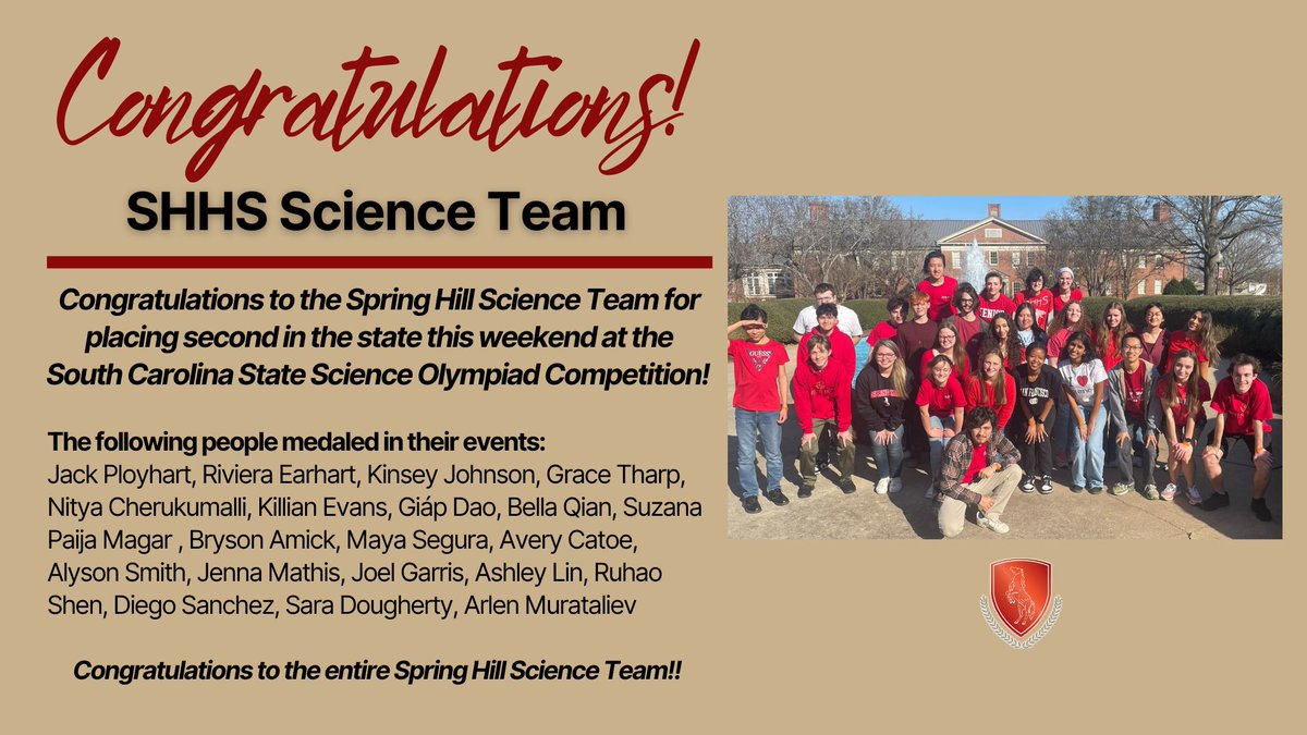 Congratulations to the Spring Hill Science Team for placing second in the state this weekend at the South Carolina State Science Olympiad Competition! 

And a special congrats for all the individual team members that medaled in their events!