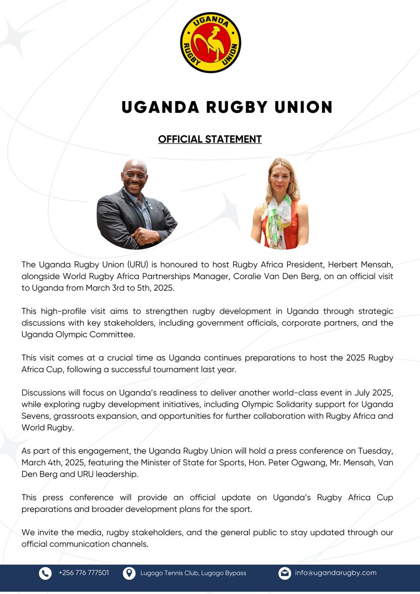 Uganda Rugby Union (@ugandarugby) on Twitter photo Today, URU was honoured to receive <a href="/RugbyAfrique/">Rugby Afrique</a> president <a href="/HMensahOfficial/">Herbert Mensah (President of Rugby Africa)</a> and <a href="/WorldRugby/">World Rugby</a> Regional Partnership Manager - Africa Coralie Van den Berg on a high profile three day visit.
#UgandaRugby Today, URU was honoured to receive <a href="/RugbyAfrique/">Rugby Afrique</a> president <a href="/HMensahOfficial/">Herbert Mensah (President of Rugby Africa)</a> and <a href="/WorldRugby/">World Rugby</a> Regional Partnership Manager - Africa Coralie Van den Berg on a high profile three day visit.
#UgandaRugby